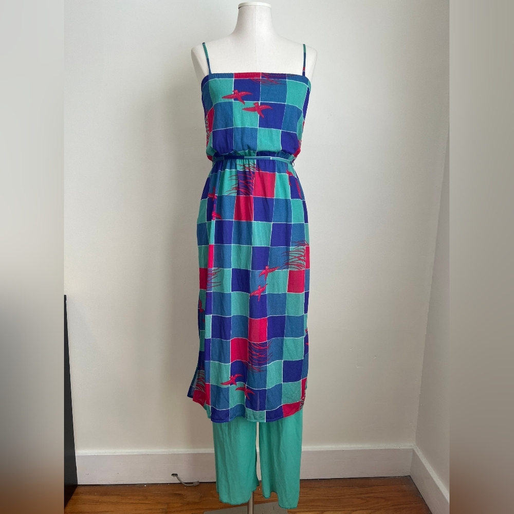 SMALL / MEDIUM French Vintage Colorful Checkered Jumpsuit Green Pink Blue